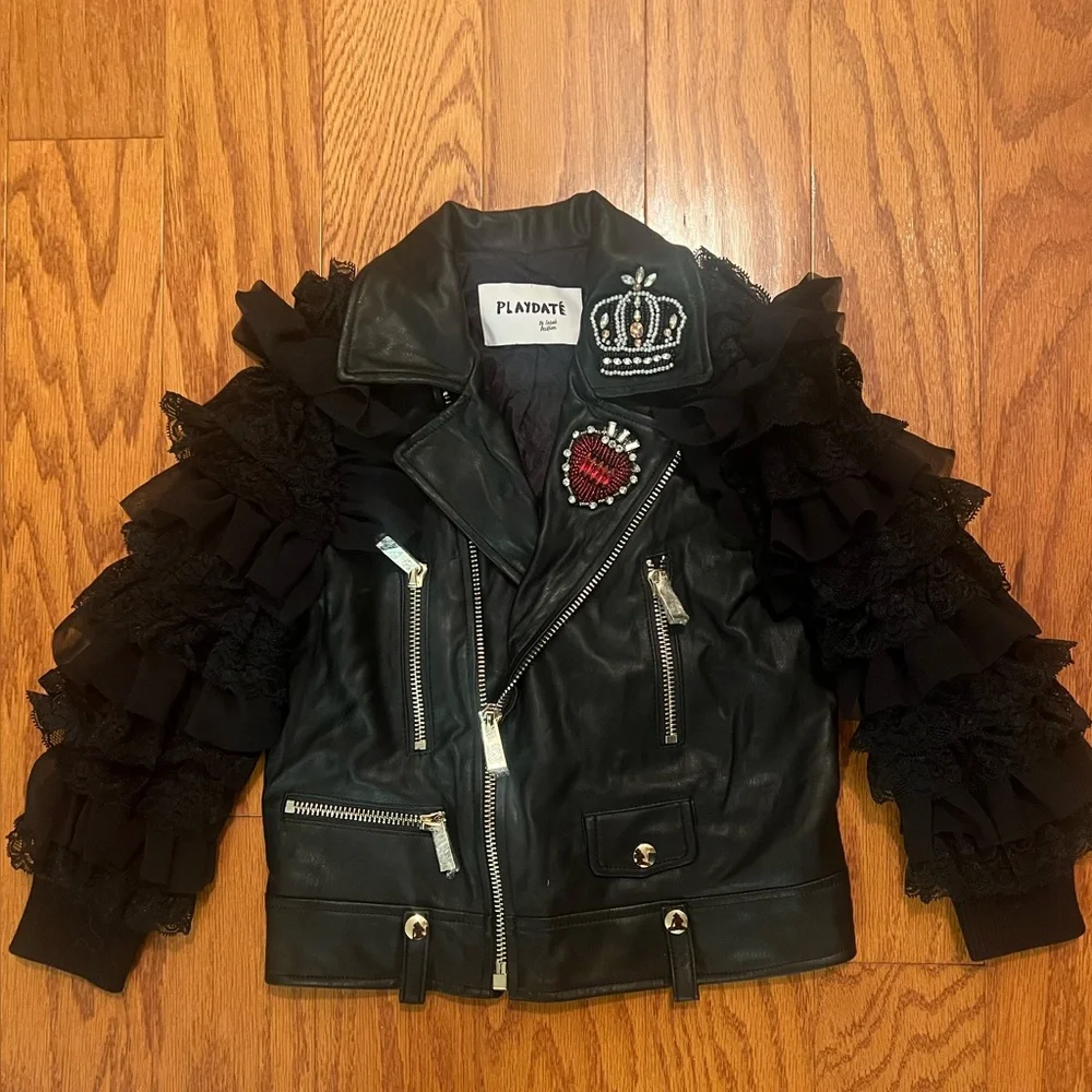 Girls Ruffle Sleeve Faux Leather Moto Jacket size 4T - Picture 2 of 10